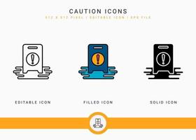 Caution icons set vector illustration with solid icon line style. Exclamation mark alert concept. Editable stroke icon on isolated background for web design, user interface, and mobile application