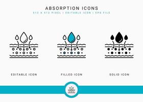 Absorption icons set vector illustration with solid icon line style. Drop water emulsion concept. Editable stroke icon on isolated background for web design, user interface, and mobile application