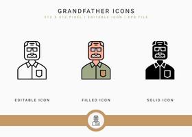 Grandfather icons set vector illustration with solid icon line style. Old people man symbol. Editable stroke icon on isolated background for web design, user interface, and mobile app