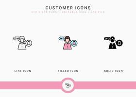 Customer icons set vector illustration with solid icon line style. Consumer satisfaction check concept. Editable stroke icon on isolated background for web design, infographic and UI mobile app.