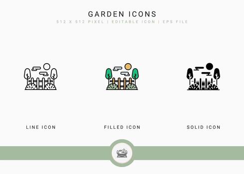 iconos de jardín establecen ilustración vectorial con estilo de línea de icono sólido. concepto de agricultura de jardinería de plantas. icono de trazo editable en un fondo aislado para diseño web, interfaz de usuario y aplicación móvil vector