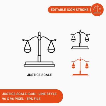 Justice scale icons set vector illustration with icon line style. Equality law balance symbol concept. Editable stroke icon on isolated white background for web design, user interface, and mobile app