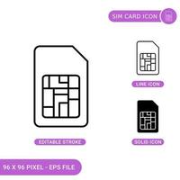 Sim card icons set vector illustration with solid icon line style. Phone chip concept. Editable stroke icon on isolated background for web design, infographic and UI mobile app.