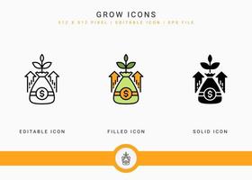 Grow icons set vector illustration with solid icon line style. Business development concept. Editable stroke icon on isolated white background for web design, user interface, and mobile application