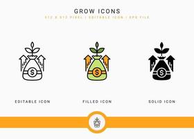 Grow icons set vector illustration with solid icon line style. Business development concept. Editable stroke icon on isolated white background for web design, user interface, and mobile application