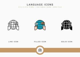 Language icons set vector illustration with solid icon line style. Journalist text publication concept. Editable stroke icon on isolated background for web design, user interface, and mobile app
