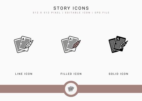 Story icons set vector illustration with solid icon line style. Journalist text publication concept. Editable stroke icon on isolated background for web design, user interface, and mobile application