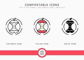 Compostable icons set vector illustration with solid icon line style. Bio decompose concept. Editable stroke icon on isolated background for web design, infographic and UI mobile app.
