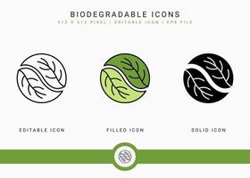 Biodegradable icons set vector illustration with solid icon line style. Bio plastic concept. Editable stroke icon on isolated background for web design, user interface, and mobile application