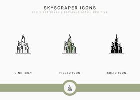 Skyscraper icons set vector illustration with solid icon line style. City building concept. Editable stroke icon on isolated background for web design, user interface, and mobile app
