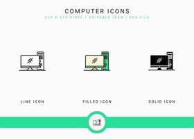 Computer icons set vector illustration with solid icon line style. Electronics smart device concept. Editable stroke icon on isolated background for web design, user interface, and mobile app