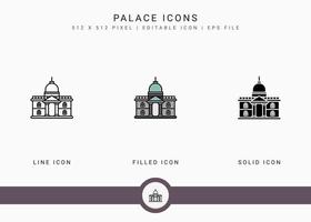 Palace icons set vector illustration with solid icon line style. City building concept. Editable stroke icon on isolated background for web design, user interface, and mobile app