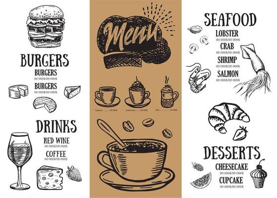 Restaurant menu, template design.. Food flyer. Hand-drawn style. Vector illustration.