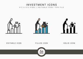 iconos de inversión establecer ilustración vectorial con estilo de línea de icono sólido. concepto de plan de fondo de pensiones. icono de trazo editable sobre fondo blanco aislado para diseño web, interfaz de usuario y aplicación móvil vector