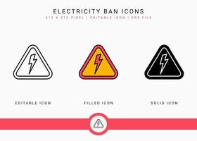 Electricity ban icons set vector illustration with solid icon line style. Power outage symbol. Editable stroke icon on isolated background for web design, user interface, and mobile application