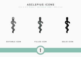 los iconos de asclepio establecen ilustración vectorial con estilo de línea de icono sólido. concepto de caduceo de varilla. icono de trazo editable en un fondo aislado para diseño web, interfaz de usuario y aplicación móvil vector