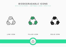 Biodegradable icons set vector illustration with solid icon line style. BPA free leaves concept. Editable stroke icon on isolated white background for web design, user interface, and mobile app