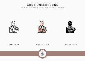 Auctioneer icons set vector illustration with solid icon line style. Auction act concept. Editable stroke icon on isolated background for web design, user interface, and mobile application