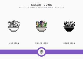 Salad icons set vector illustration with solid icon line style. Vegetable diet nutrition concept. Editable stroke icon on isolated white background for web design, user interface, and mobile app