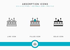 Absorption icons set vector illustration with solid icon line style. Skin moisture water concept. Editable stroke icon on isolated background for web design, user interface, and mobile application