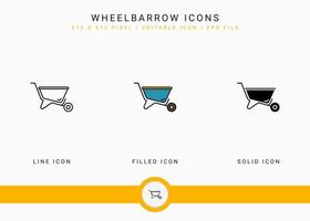 Wheelbarrow icons set vector illustration with solid icon line style. Plant gardening agriculture concept. Editable stroke icon on isolated background for web design, user interface, and mobile app