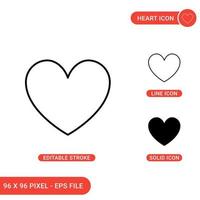 Heart icons set vector illustration with solid icon line style. Romantic heart concept. Editable stroke icon on isolated background for web design, infographic and UI mobile app.