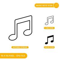 Music note icons set vector illustration with solid icon line style. Melody key note concept. Editable stroke icon on isolated background for web design, infographic and UI mobile app.