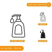 Hand sanitizer icons set vector illustration with solid icon line style. Washing hand soap concept. Editable stroke icon on isolated background for web design, infographic and UI mobile app.