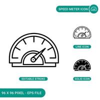 Speed meter icons set vector illustration with solid icon line style. RPM speedometer concept. Editable stroke icon on isolated background for web design, infographic and UI mobile app.