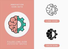 Innovation icons set vector illustration with solid icon line style. Gear and brain symbol. Editable stroke icon on isolated background for web design, user interface, and mobile app