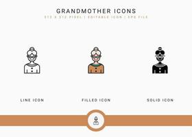 Grandmother icons set vector illustration with solid icon line style. Grandma face symbol. Editable stroke icon on isolated background for web design, user interface, and mobile app