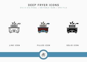 Deep fryer icons set vector illustration with solid icon line style. Potato basket concept. Editable stroke icon on isolated background for web design, user interface, and mobile application