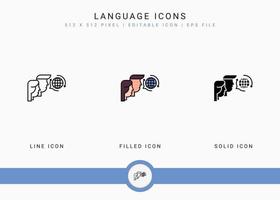 Language icons set vector illustration with solid icon line style. Journalist text publication concept. Editable stroke icon on isolated background for web design, user interface, and mobile app