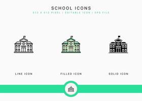 School icons set vector illustration with solid icon line style. City building concept. Editable stroke icon on isolated background for web design, user interface, and mobile app