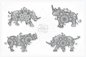 Rhinos Mandala with Flower. Vector, Line Art vector