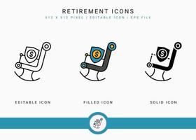 Retirement icons set vector illustration with icon line style. Pension fund plan concept. Editable stroke icon on isolated white background for web design, user interface, and mobile application