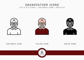 Grandfather icons set vector illustration with solid icon line style. Old people man symbol. Editable stroke icon on isolated background for web design, user interface, and mobile app