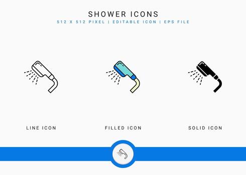 Shower icons set vector illustration with icon line style. Shower sprinkler bathroom concept. Editable stroke icon on isolated white background for web design, user interface, and mobile application
