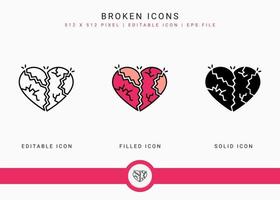 Broken icons set vector illustration with solid icon line style. Wedding love romance concept. Editable stroke icon on isolated background for web design, user interface, and mobile application