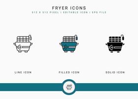 Fryer icons set vector illustration with solid icon line style. Potato fried basket concept. Editable stroke icon on isolated background for web design, user interface, and mobile app