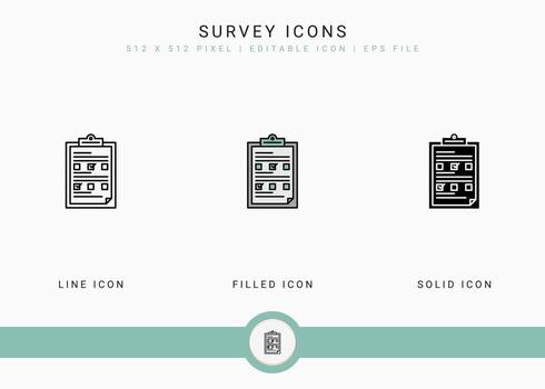 Survey icons set vector illustration with solid icon line style. Customer satisfaction check concept. Editable stroke icon on isolated background for web design, infographic and UI mobile app.