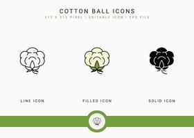 iconos de bolas de algodón establecen ilustración vectorial con estilo de línea de icono sólido. concepto de flor de algodón. icono de trazo editable en un fondo aislado para diseño web, interfaz de usuario y aplicación móvil vector