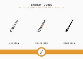 Brush icons set vector illustration with solid icon line style. Color palette design concept. Editable stroke icon on isolated background for web design, user interface, and mobile application