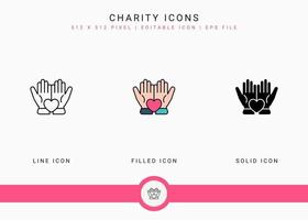 Charity icons set vector illustration with solid icon line style. Back give solidarity concept. Editable stroke icon on isolated background for web design, user interface, and mobile app