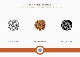 Waffle icons set vector illustration with solid icon line style. Cookie bake cake concept. Editable stroke icon on isolated background for web design, user interface, and mobile app