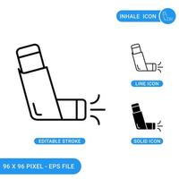 Inhale icons set vector illustration with solid icon line style. Asthma treatment concept. Editable stroke icon on isolated background for web design, infographic and UI mobile app.