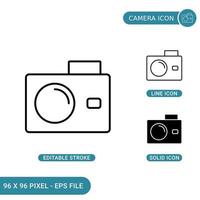 Camera icons set vector illustration with solid icon line style. Digital camera concept. Editable stroke icon on isolated background for web design, infographic and UI mobile app.