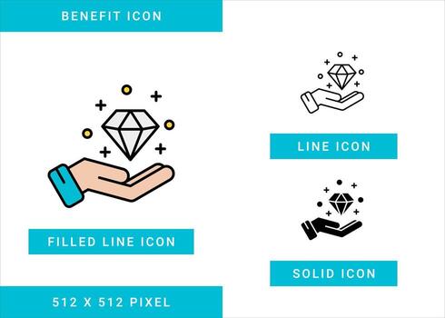 Benefit icons set vector illustration with solid icon line style. Loyalty VIP member symbol. Editable stroke icon on isolated background for web design, user interface, and mobile app