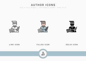 Author icons set vector illustration with solid icon line style. Journalist text publication concept. Editable stroke icon on isolated background for web design, user interface, and mobile application