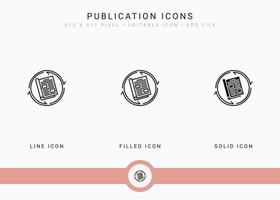 Publication icons set vector illustration with solid icon line style. Journalist language text concept. Editable stroke icon on isolated background for web design, user interface, and mobile app